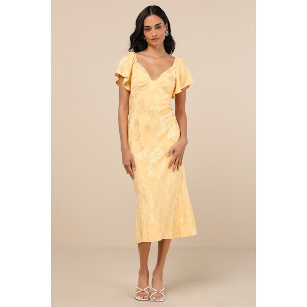 Lulus Effervescent Afternoon Yellow Satin Flutter Sleeve Midi Dress - Size XL